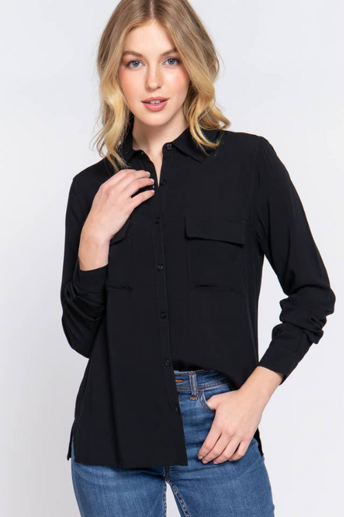 Front Pocket Woven Shirt Black