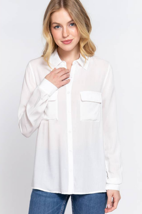 Front Pocket Woven Shirt White