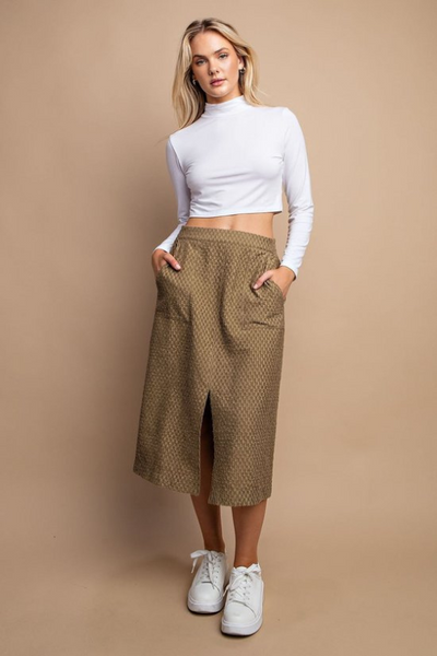 Olive Slit Textured Midi Skirt/Pockets