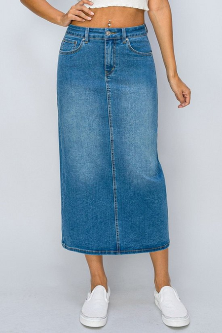 Olive Slit Textured Midi Skirt/Pockets