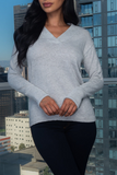 V Neck Grey Sweater w Band Cuff